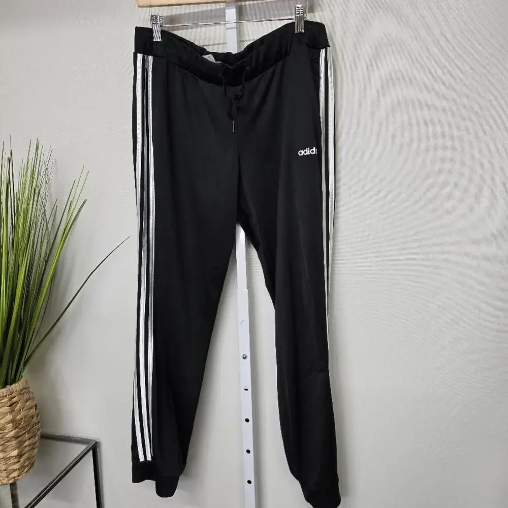 Adidas Mens Black White 3-Stripe Track Pants Joggers Large Drawstring Elastic‎